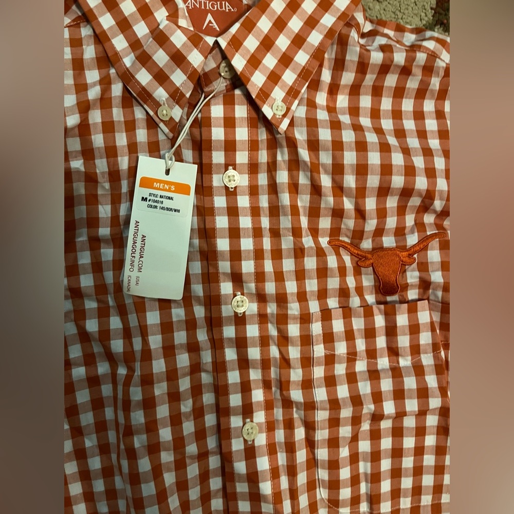 Mens Antigua Texas longhorns orange white gingham long sleeve button down shirt - Picture 2 of 3